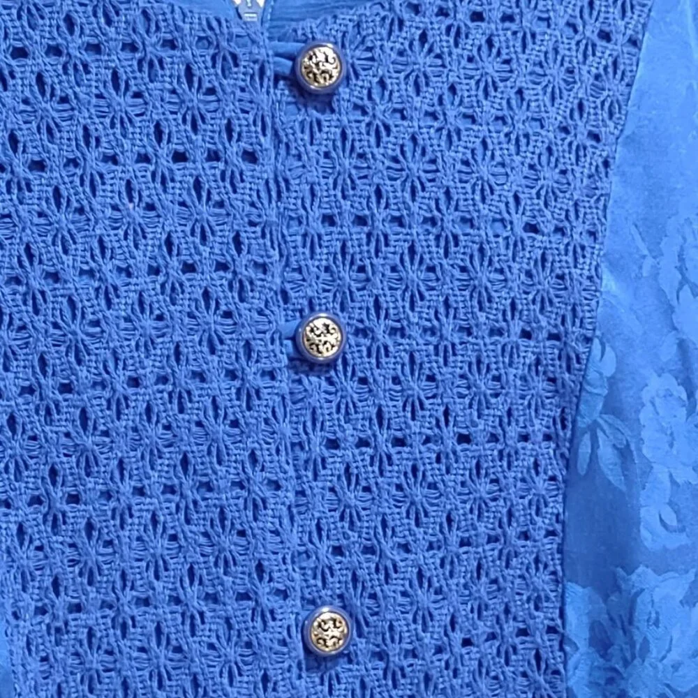 MISS DORBY BLUE BROCADE INTRICATE CROCHET PATCHWORK TOP PLEATED SKIRT SIZE 12P